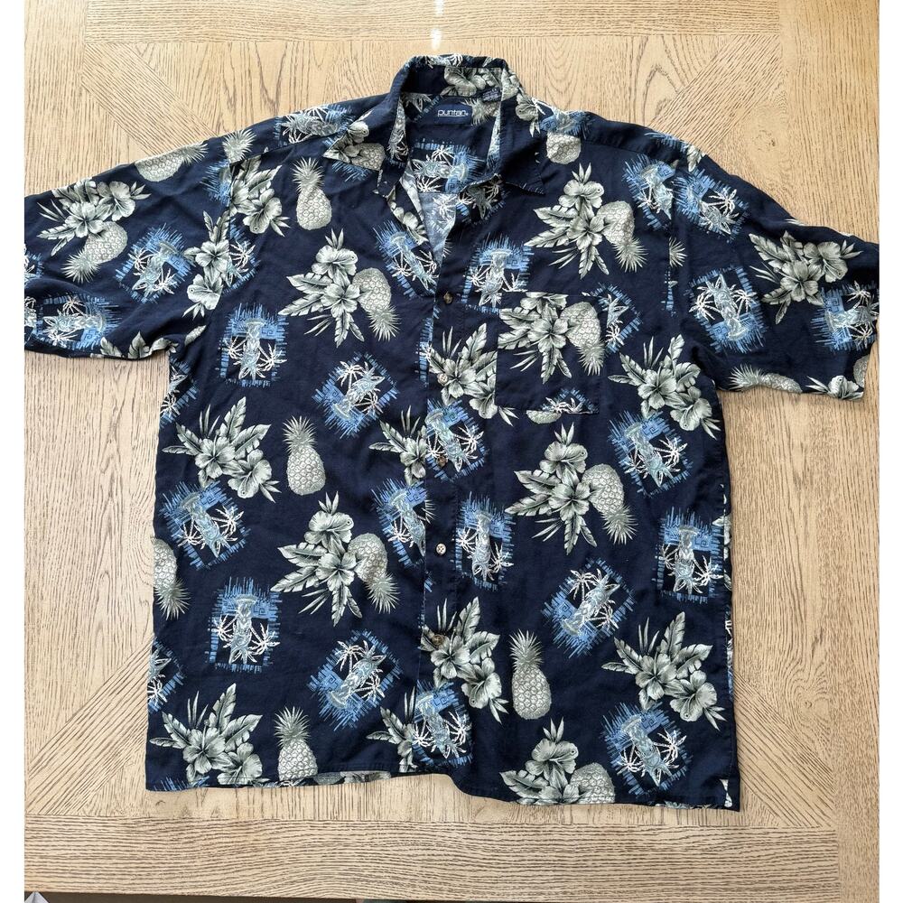 Puritan Navy Blue‎ Hawaiian Print Button Down Shirt XL